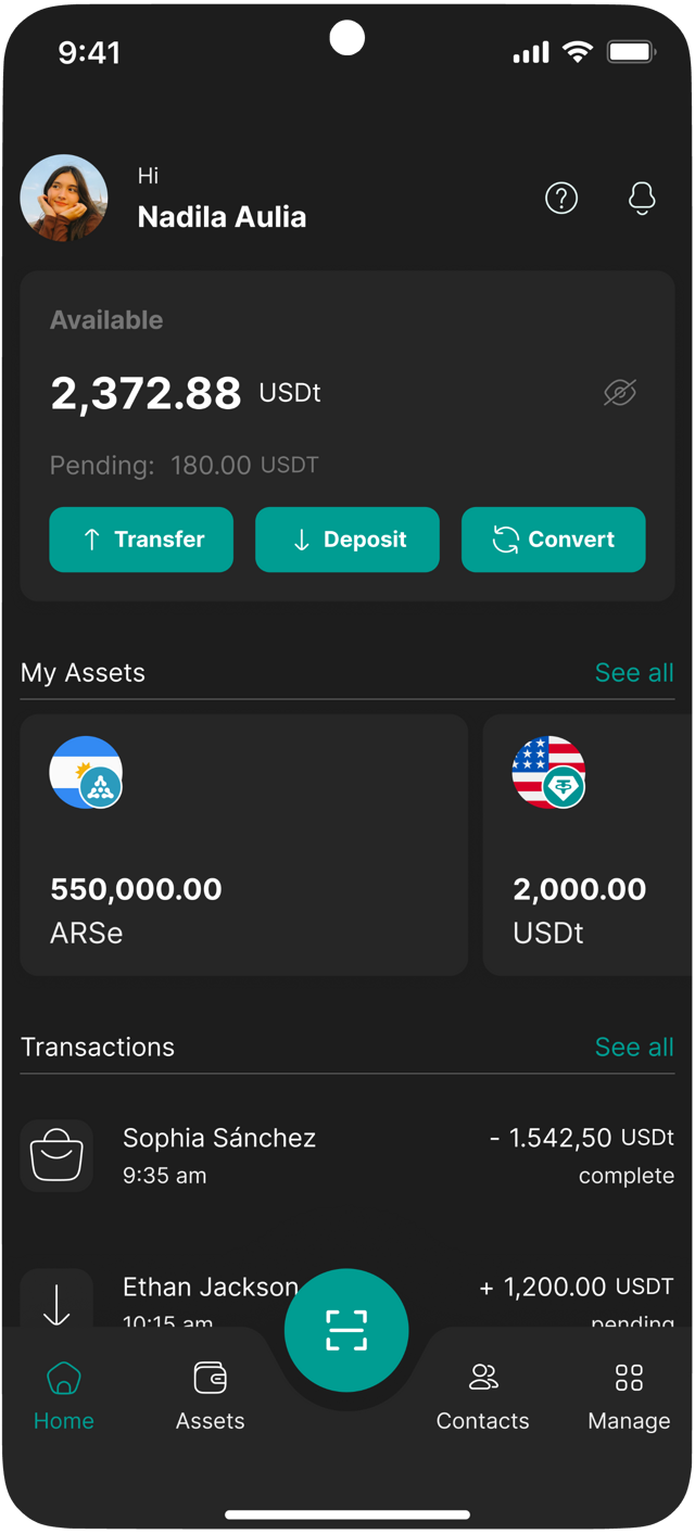 The Pruvanta app, showing a multi-currency balance and recent transactions.